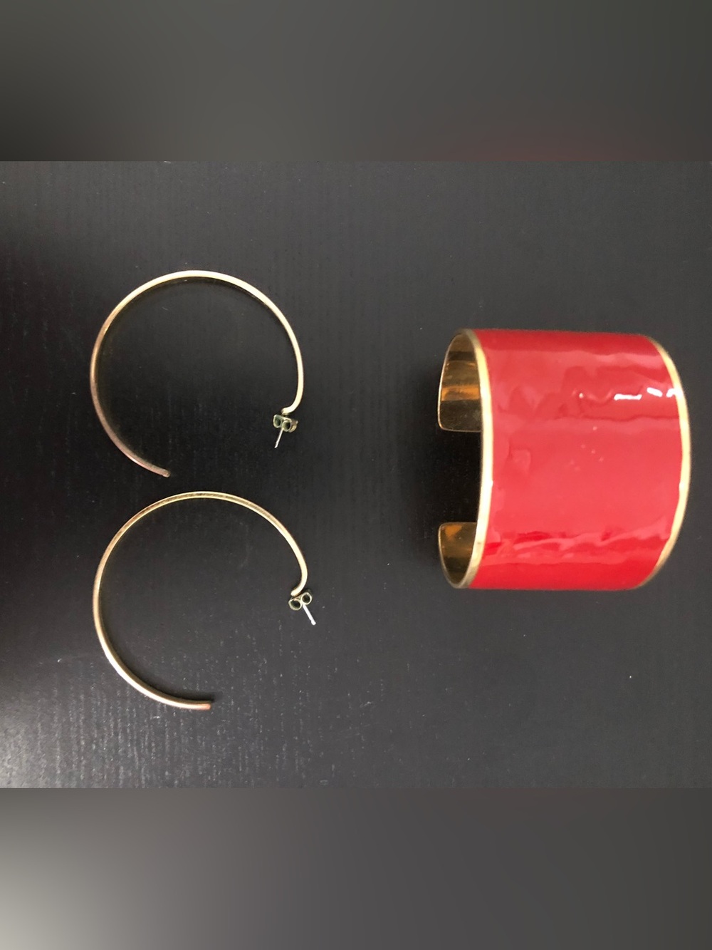 Banana Republic Gold/Red Hoop Earrings and Red Enamel Cuff Bracelet Jewelry Set